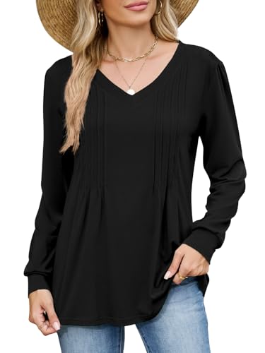 VUTRU Damen Bluse Langarm Tshirts V-Ausschnitt Tunika Tops Elegant Falten Longsleeve Oberteile Damen von VUTRU
