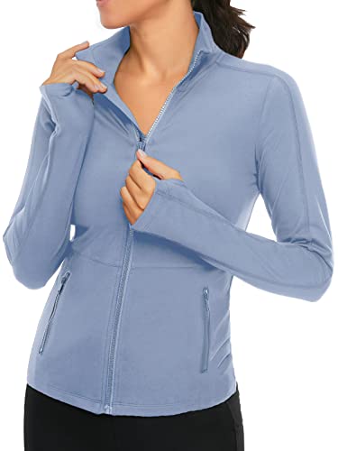 VUTRU Damen Laufjacke Hoher Kragen Leicht Sportjacke Langarm Yoga Shirt Fitness Jacke Atmungsaktive Trainingsjacke mit Daumenlöchern und durchgehendem Reißverschluss Blau Hell S von VUTRU