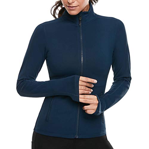 VUTRU Damen Laufjacke Hoher Kragen Leicht Sportjacke Langarm Yoga Shirt Fitness Jacke Atmungsaktive Trainingsjacke mit Daumenlöchern und durchgehendem Reißverschluss Blau L von VUTRU