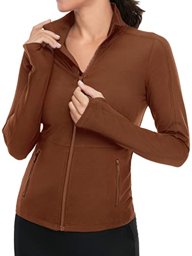 VUTRU Damen Laufjacke Hoher Kragen Leicht Sportjacke Langarm Yoga Shirt Fitness Jacke Atmungsaktive Trainingsjacke mit Daumenlöchern und durchgehendem Reißverschluss von VUTRU