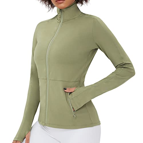 VUTRU Damen Laufjacke Hoher Kragen Leicht Sportjacke Langarm Yoga Shirt Fitness Jacke Atmungsaktive Trainingsjacke mit Daumenlöchern und durchgehendem Reißverschluss Grün Hell L von VUTRU