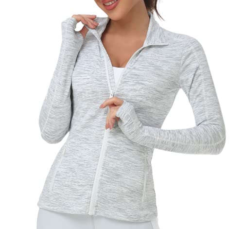 VUTRU Damen Laufjacke Hoher Kragen Leicht Sportjacke Langarm Yoga Shirt Fitness Jacke Atmungsaktive Trainingsjacke mit Daumenlöchern und durchgehendem Reißverschluss Satinweiß XL von VUTRU