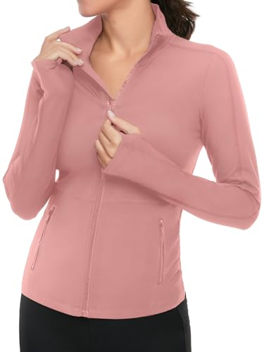 VUTRU Damen Laufjacke Hoher Kragen Leicht Sportjacke Langarm Yoga Shirt Fitness Jacke Atmungsaktive Trainingsjacke mit Daumenlöchern und durchgehendem Reißverschluss von VUTRU