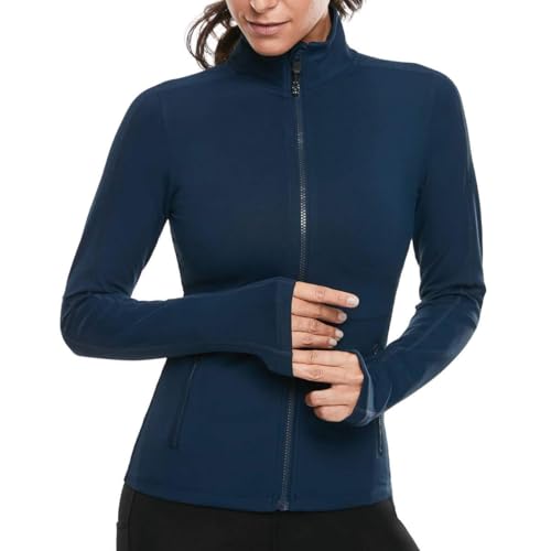 VUTRU Damen Laufjacke Hoher Kragen Leicht Sportjacke Langarm Yoga Shirt Fitness Jacke Atmungsaktive Trainingsjacke mit Daumenlöchern und durchgehendem Reißverschluss von VUTRU