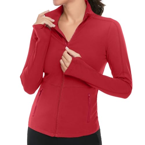 VUTRU Damen Laufjacke Hoher Kragen Leicht Sportjacke Langarm Yoga Shirt Fitness Jacke Atmungsaktive Trainingsjacke mit Daumenlöchern und durchgehendem Reißverschluss von VUTRU