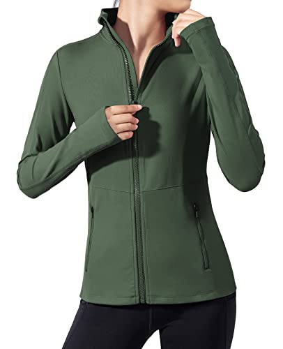 VUTRU Damen Laufjacke Hoher Kragen Leicht Sportjacke Langarm Yoga Shirt Fitness Jacke Atmungsaktive Trainingsjacke mit Daumenlöchern und durchgehendem Reißverschluss Grün Dunkel S von VUTRU