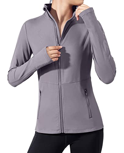 VUTRU Damen Laufjacke Hoher Kragen Leicht Sportjacke Langarm Yoga Shirt Fitness Jacke Atmungsaktive Trainingsjacke mit Daumenlöchern und durchgehendem Reißverschluss Lila Grau L von VUTRU