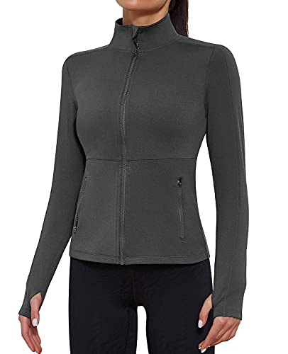 VUTRU Damen Laufjacke Hoher Kragen Leicht Sportjacke Langarm Yoga Shirt Fitness Jacke Atmungsaktive Trainingsjacke mit Daumenlöchern und durchgehendem Reißverschluss Grau L von VUTRU