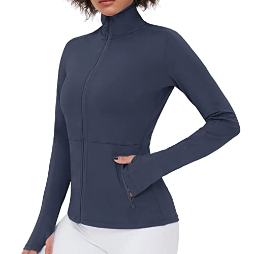 VUTRU Damen Laufjacke Hoher Kragen Leicht Sportjacke Langarm Yoga Shirt Fitness Jacke Atmungsaktive Trainingsjacke mit Daumenlöchern und durchgehendem Reißverschluss Blau Dunkel L von VUTRU