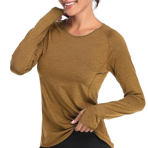 VUTRU Damen Laufshirt Langarm Sportshirt Schnell Trocken Fitness Yoga Top mit Daumenloch braun M von VUTRU