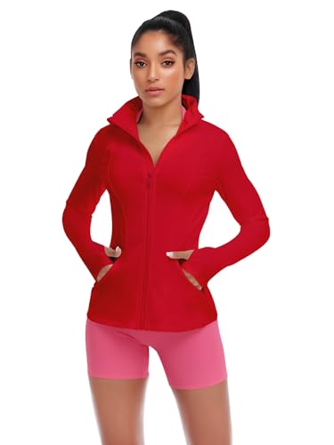 VUTRU Damen Leichte Laufjacke - Stilvolle Sportjacke, Atmungsaktive Trainingsjacke mit Daumenlöchern und Reißverschlusstaschen Rot XL von VUTRU