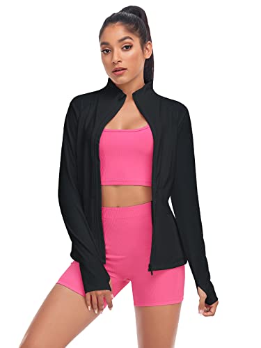 VUTRU Damen Leichte Laufjacke - Stilvolle Sportjacke, Atmungsaktive Trainingsjacke mit Daumenlöchern und Reißverschlusstaschen Schwarz M von VUTRU