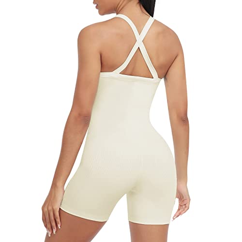 VUTRU Damen One Piece Unitard V-Ausschnitt Kreuzträger Overalls Sexy Bodysuit Gym Yoga Shorts Squat Strampler Ärmellose Overalls Streamlined Rompers Sleeveless Jumpsuits Weiß L von VUTRU