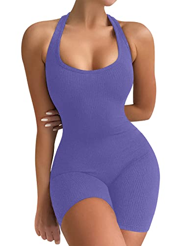 VUTRU Damen One Piece Unitard Sommer Outfits Overalls Sexy Bodysuit Gym Yoga Shorts Squat Strampler Ärmellose Overalls Streamlined Rompers Sleeveless Jumpsuits Blaulila L von VUTRU