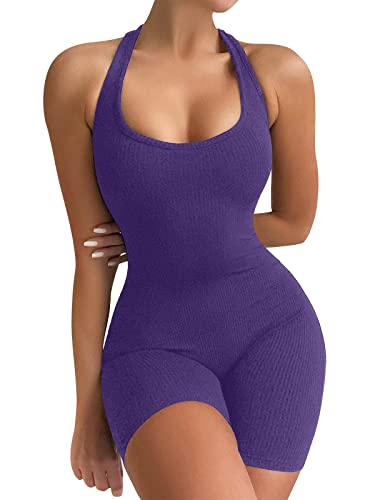 VUTRU Damen One Piece Unitard Sommer Outfits Overalls Sexy Bodysuit Gym Yoga Shorts Squat Strampler Ärmellose Overalls Streamlined Rompers Sleeveless Jumpsuits Violett L von VUTRU