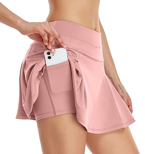 VUTRU Damen Tennisröcke Hohe Taille Tennis Skort mit Taschen Laufröcke Sport Golfrock mit Innenhose Hellrosa L von VUTRU