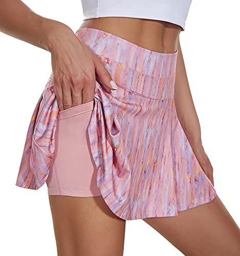 VUTRU Damen Tennisröcke Hohe Taille Tennis Skort mit Taschen Laufröcke Sport Golfrock mit Innenhose Rosa L von VUTRU