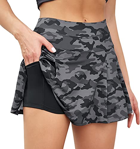 VUTRU Damen Tennisröcke Hohe Taille Tennis Skort mit Taschen Laufröcke Sport Golfrock mit Innenhose Tarnung XL von VUTRU