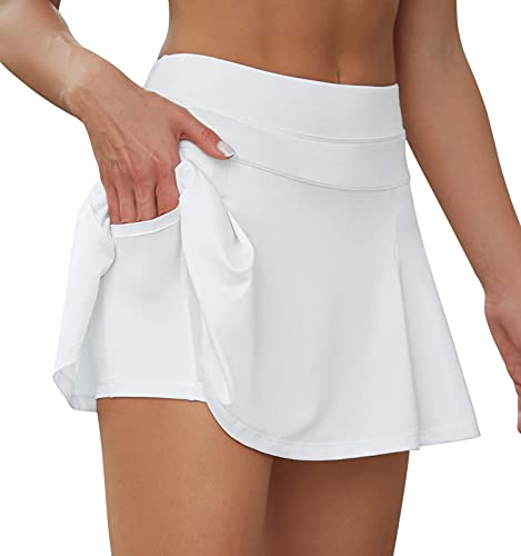 VUTRU Damen Tennisröcke Hohe Taille Tennis Skort mit Taschen Laufröcke Sport Golfrock mit Innenhose Weiß L von VUTRU