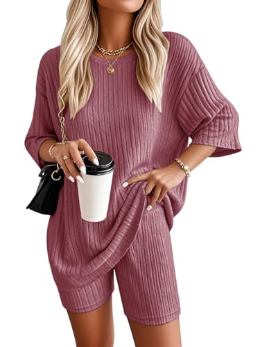VUTRU Damen Tracksuit Kurzarm Baumwolle Kurzarm und Damen Rundhals Oberteil Shorts Sommer Zweiteiler Sommer Outfit Jogger Trainingsanzug Set von VUTRU