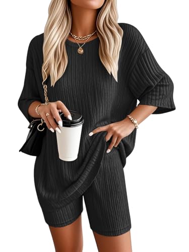 VUTRU Damen Tracksuit Kurzarm Baumwolle Kurzarm und Damen Rundhals Oberteil Shorts Sommer Zweiteiler Sommer Outfit Jogger Trainingsanzug Set von VUTRU