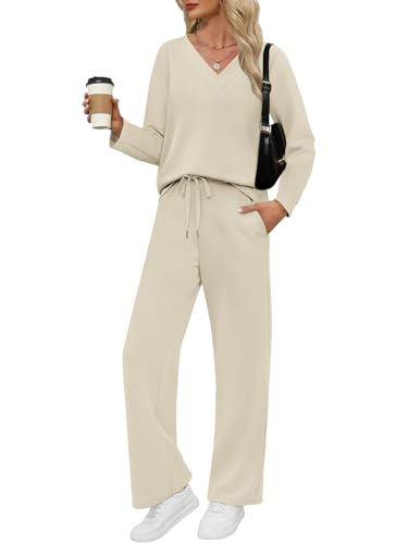 VUTRU Damen Zweiteiler Trainingsanzug Elegant Baumwolle Rundhals Jogginganzug Langarm Tshirts und weite Hose mit Taschen Sport Anzug für Damen Beige M von VUTRU