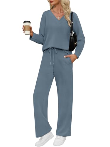 VUTRU Damen Zweiteiler Trainingsanzug Elegant Baumwolle Rundhals Jogginganzug Langarm Tshirts und weite Hose mit Taschen Sport Anzug für Damen Blau M von VUTRU