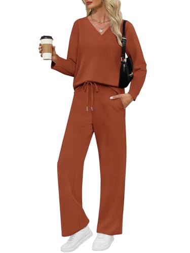 VUTRU Damen Zweiteiler Trainingsanzug Elegant Baumwolle Rundhals Jogginganzug Langarm Tshirts und weite Hose mit Taschen Sport Anzug für Damen Braun M von VUTRU