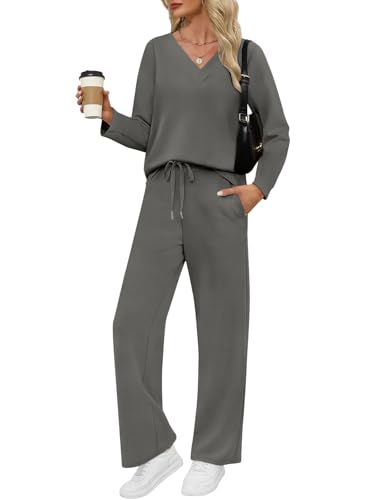 VUTRU Damen Zweiteiler Trainingsanzug Elegant Baumwolle Rundhals Jogginganzug Langarm Tshirts und weite Hose mit Taschen Sport Anzug für Damen Grau M von VUTRU