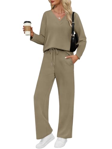 VUTRU Damen Zweiteiler Trainingsanzug Elegant Baumwolle Rundhals Jogginganzug Langarm Tshirts und weite Hose mit Taschen Sport Anzug für Damen Khaki L von VUTRU