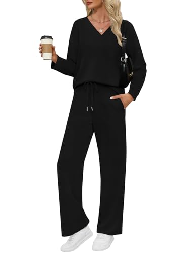 VUTRU Damen Zweiteiler Trainingsanzug Elegant Baumwolle Rundhals Jogginganzug Langarm Tshirts und weite Hose mit Taschen Sport Anzug für Damen Schwarz XXL von VUTRU