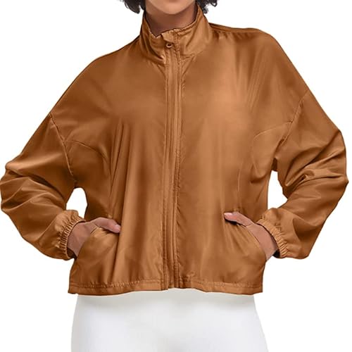VUTRU Frauen UPF Sonnenschutzjacke Leichtes Workout Laufstreckenjacke Loose Fit Yoga Sportbekleidung Wandern Running Shirts Damen jacke Rash Guard Badam-Nuss-Farbe XS von VUTRU