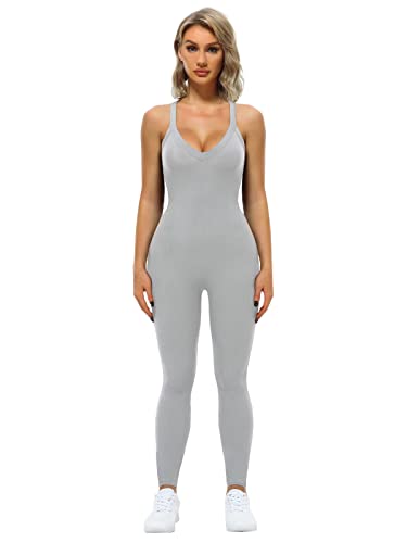 VUTRU Frauen Yoga Gerippte Einteilige Tank Tops Crisscross Rücken V-Ausschnitt Tank Strampler Ärmellose Übung Jumpsuits Grau S von VUTRU