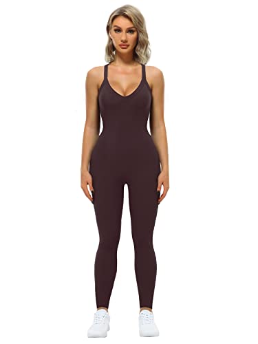 VUTRU Frauen Yoga Gerippte Einteilige Tank Tops Crisscross Rücken V-Ausschnitt Tank Strampler Ärmellose Übung Jumpsuits Kaffeefarbe L von VUTRU