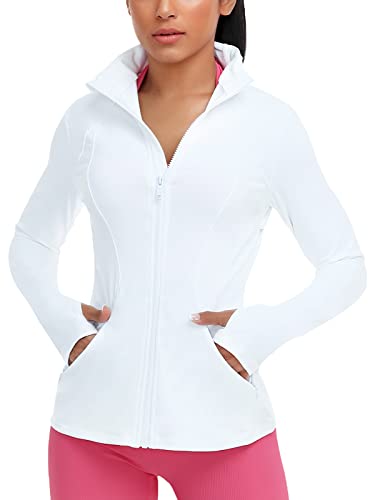 VUTRU Laufjacken für Damen, durchgehender Reißverschluss, schmale Passform, leichte Trainingsjacke für Sport, Yoga, mit Taschen, Daumenlöchern, Weiss/opulenter Garten, X-Small von VUTRU