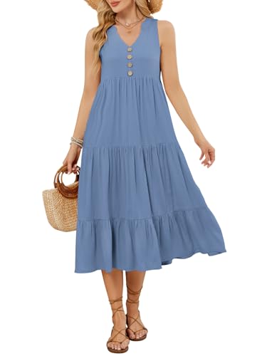 VUTRU Maxikleider Damen Sommer Sommerkleid Damen Lang Ärmellos mit Taschen Hohe Taille Dress for Women von VUTRU