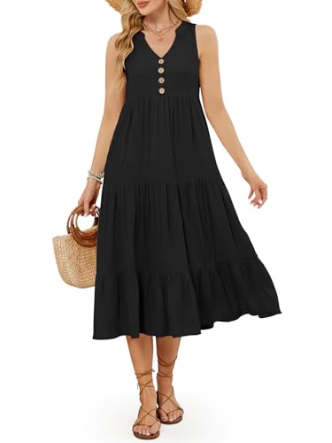 VUTRU Maxikleider Damen Sommer Sommerkleid Damen Lang Ärmellos mit Taschen Hohe Taille Dress for Women von VUTRU