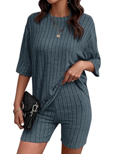 VUTRU Damen Tracksuit Kurzarm Baumwolle Kurzarm und Damen Rundhals Oberteil Shorts Sommer Zweiteiler Sommer Outfit Jogger Trainingsanzug Set von VUTRU