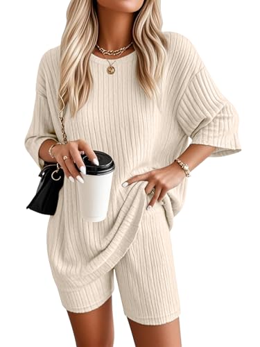 VUTRU Damen Tracksuit Kurzarm Baumwolle Kurzarm und Damen Rundhals Oberteil Shorts Sommer Zweiteiler Sommer Outfit Jogger Trainingsanzug Set von VUTRU