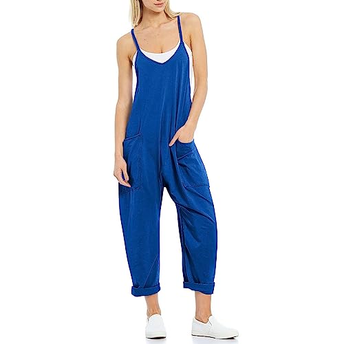 VUTRU Stylischer Damen Sommer Overall – Ärmelloser Jumpsuit mit lockerer Passform,V-Ausschnitt,trendy Spaghetti-Träger und praktischen Taschen für einen bequemen und modischen Look Blau XL von VUTRU