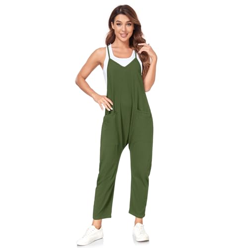 VUTRU Stylischer Damen Sommer Overall – Ärmelloser Jumpsuit mit lockerer Passform,V-Ausschnitt,trendy Spaghetti-Träger und praktischen Taschen für einen bequemen und modischen Look Grün M von VUTRU