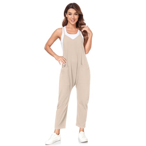 VUTRU Stylischer Damen Sommer Overall – Ärmelloser Jumpsuit mit lockerer Passform,V-Ausschnitt,trendy Spaghetti-Träger und praktischen Taschen für einen bequemen und modischen Look HellBraun M von VUTRU