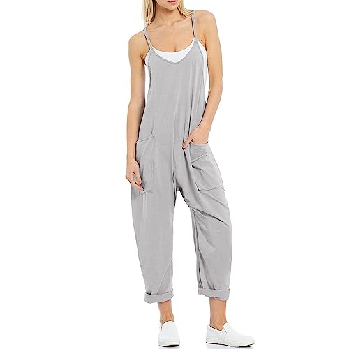 VUTRU Stylischer Damen Sommer Overall – Ärmelloser Jumpsuit mit lockerer Passform,V-Ausschnitt,trendy Spaghetti-Träger und praktischen Taschen für einen bequemen und modischen Look Hellgrau S von VUTRU