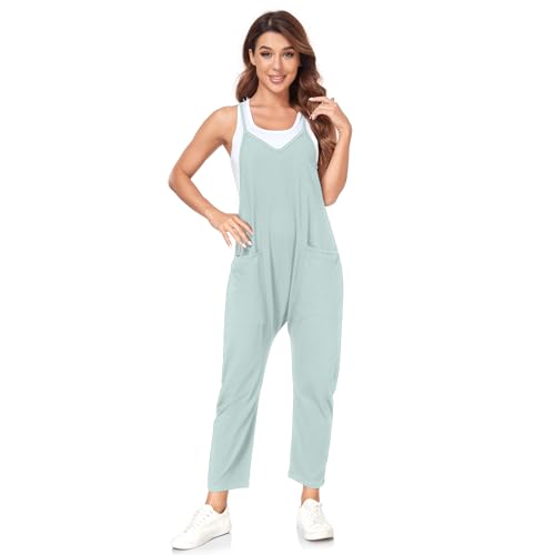 VUTRU Stylischer Damen Sommer Overall – Ärmelloser Jumpsuit mit lockerer Passform,V-Ausschnitt,trendy Spaghetti-Träger und praktischen Taschen für einen bequemen und modischen Look Hellgrün XXL von VUTRU