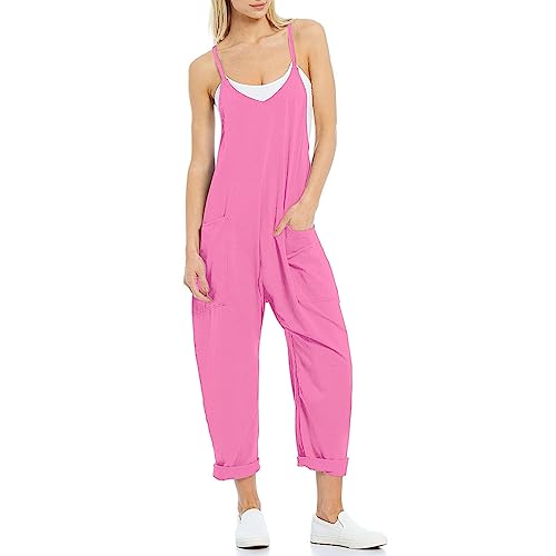 VUTRU Stylischer Damen Sommer Overall – Ärmelloser Jumpsuit mit lockerer Passform,V-Ausschnitt,trendy Spaghetti-Träger und praktischen Taschen für einen bequemen und modischen Look Hellrosa XL von VUTRU
