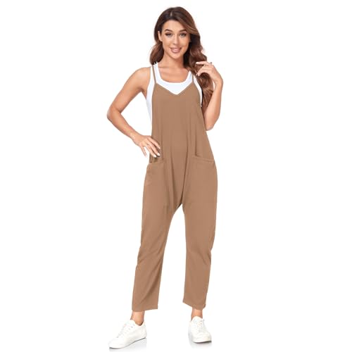 VUTRU Stylischer Damen Sommer Overall – Ärmelloser Jumpsuit mit lockerer Passform,V-Ausschnitt,trendy Spaghetti-Träger und praktischen Taschen für einen bequemen und modischen Look Khaki XXL von VUTRU