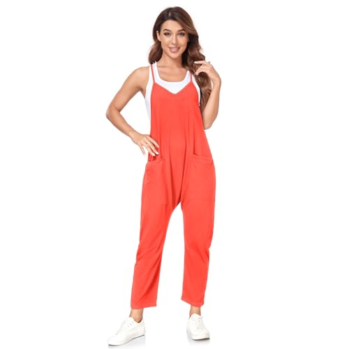 VUTRU Stylischer Damen Sommer Overall – Ärmelloser Jumpsuit mit lockerer Passform,V-Ausschnitt,trendy Spaghetti-Träger und praktischen Taschen für einen bequemen und modischen Look Orange S von VUTRU