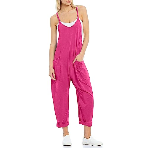 VUTRU Stylischer Damen Sommer Overall – Ärmelloser Jumpsuit mit lockerer Passform,V-Ausschnitt,trendy Spaghetti-Träger und praktischen Taschen für einen bequemen und modischen Look Rosa L von VUTRU