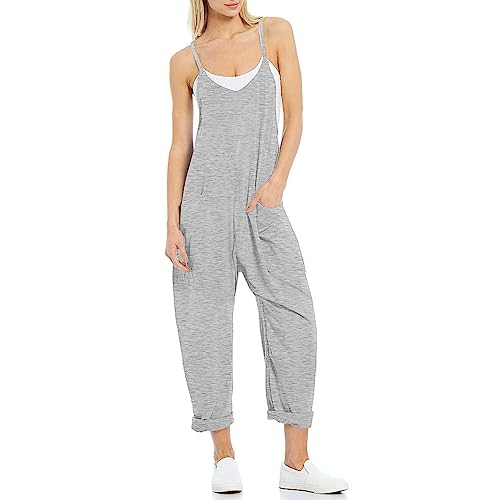 VUTRU Stylischer Damen Sommer Overall – Ärmelloser Jumpsuit mit lockerer Passform,V-Ausschnitt,trendy Spaghetti-Träger und praktischen Taschen für einen bequemen und modischen Look Satingrau S von VUTRU