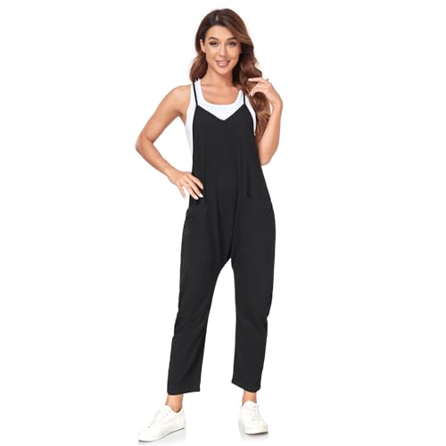 VUTRU Stylischer Damen Sommer Overall – Ärmelloser Jumpsuit mit lockerer Passform,V-Ausschnitt,trendy Spaghetti-Träger und praktischen Taschen für einen bequemen und modischen Look Schwarz V2 L von VUTRU